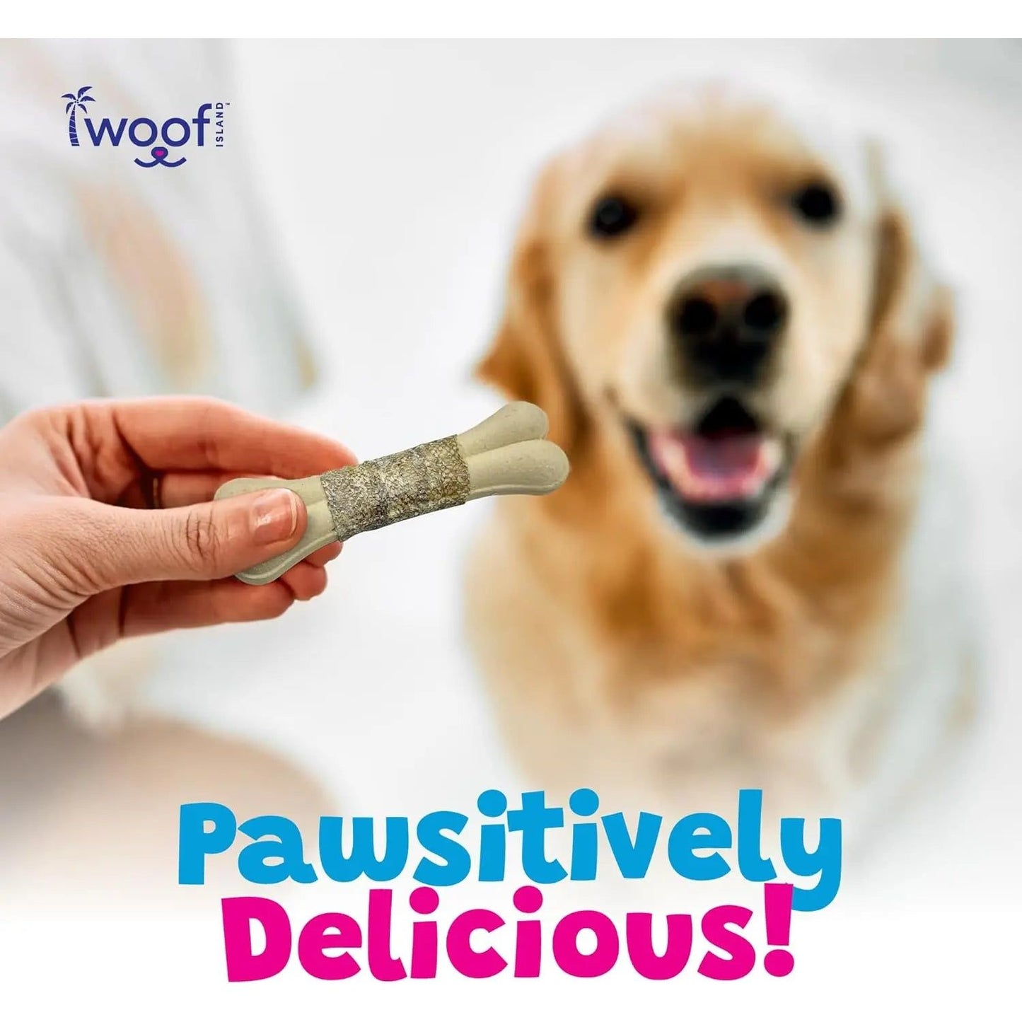 A smiling golden retriever eagerly eyes a hand holding Woof Island Coconut and Mango Bones with Fish Skin All Natural. Pawsitively Delicious! appears beside the Woof Island logo in the corner.