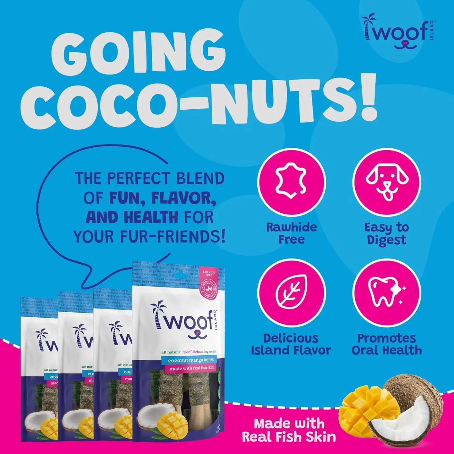Promotional image for Woof Island Coconut and Mango Bones with Fish Skin All Natural, showing four packs of these rawhide-free chews, icons for easy digestion, island flavor, oral health benefits, plus mango and coconut images.