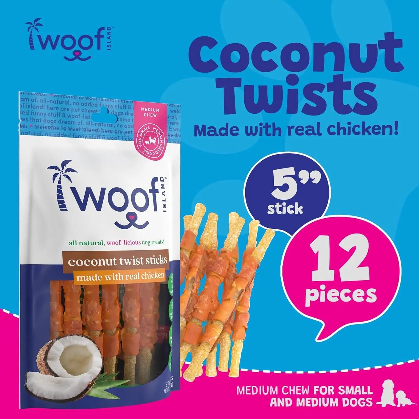 A bag of Woof Island Healthy Rawhide Free Coconut and Chicken Chews for small and medium dogs, showing all-natural chews, coconut, 5 sticks, 12 pieces, and a rawhide alternative on a blue background. Brand: Woof Island.