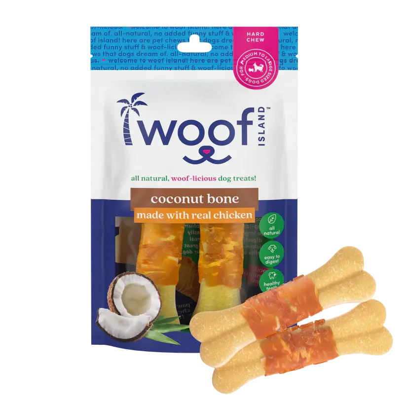 Woof Island Natural Coconut Bones with Chicken Healthy Dog Snacks come in a white and blue bag decorated with coconut and bone images. These all-natural, rawhide-free treats offer a hard chew for dogs and are made with real chicken.
