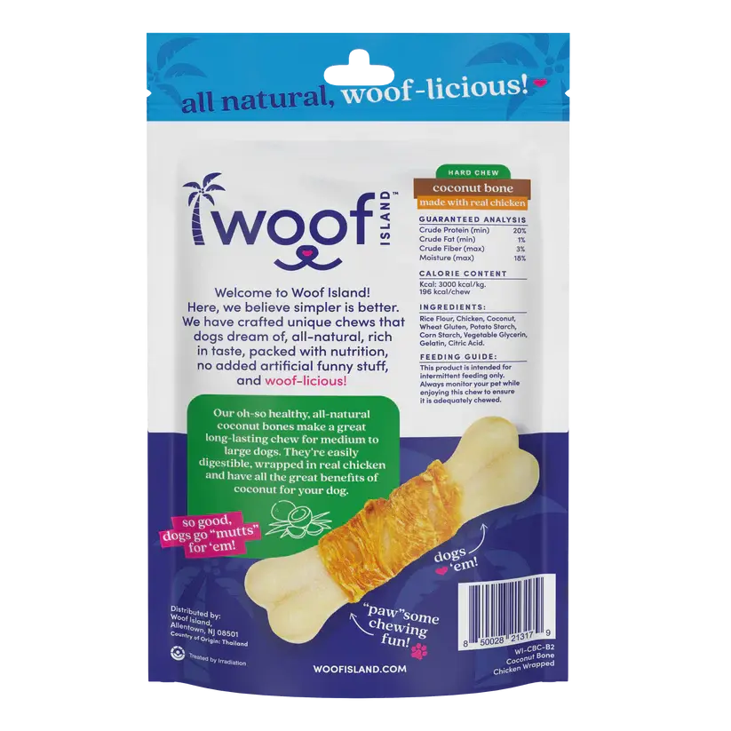 Back of a Woof Island package with vibrant pink, blue, and green accents. Features Woof Island Natural Coconut Bones with Chicken—rawhide-free, all-natural dog snacks—with product details and a tempting image of the treat.