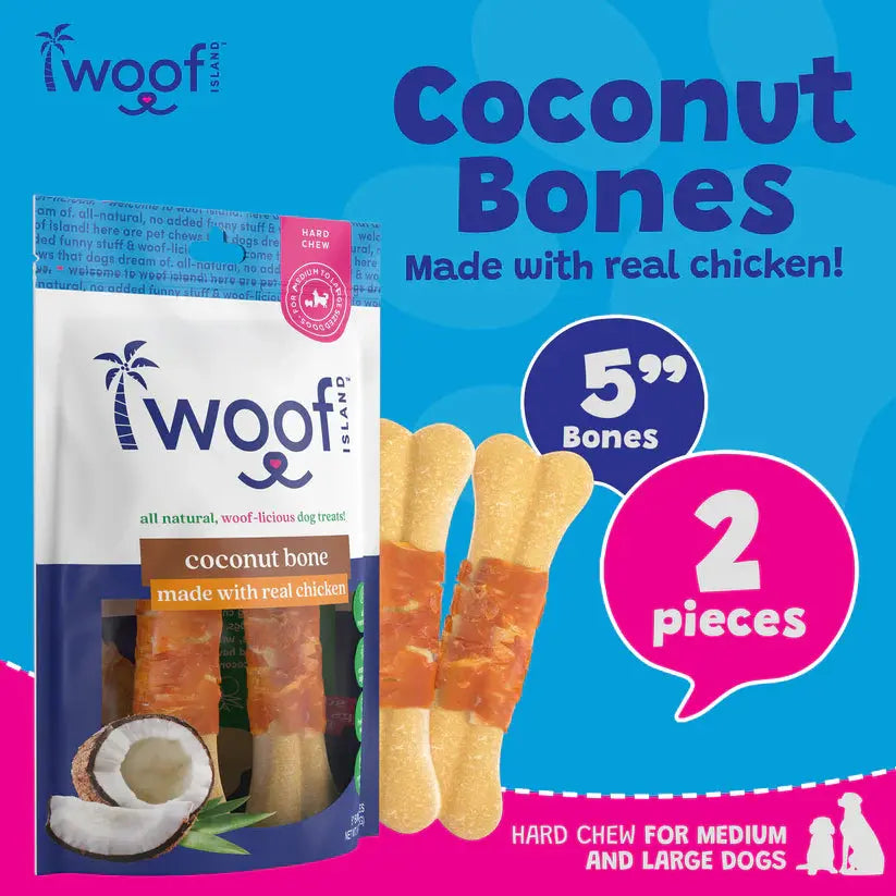 Woof Island Natural Coconut Bones with Chicken Healthy Dog Snacks are shown. The rawhide-free treats display two large bones and highlight 5 Bones, 2 pieces, and a hard chew suitable for medium and large dogs. Brand: Woof Island.