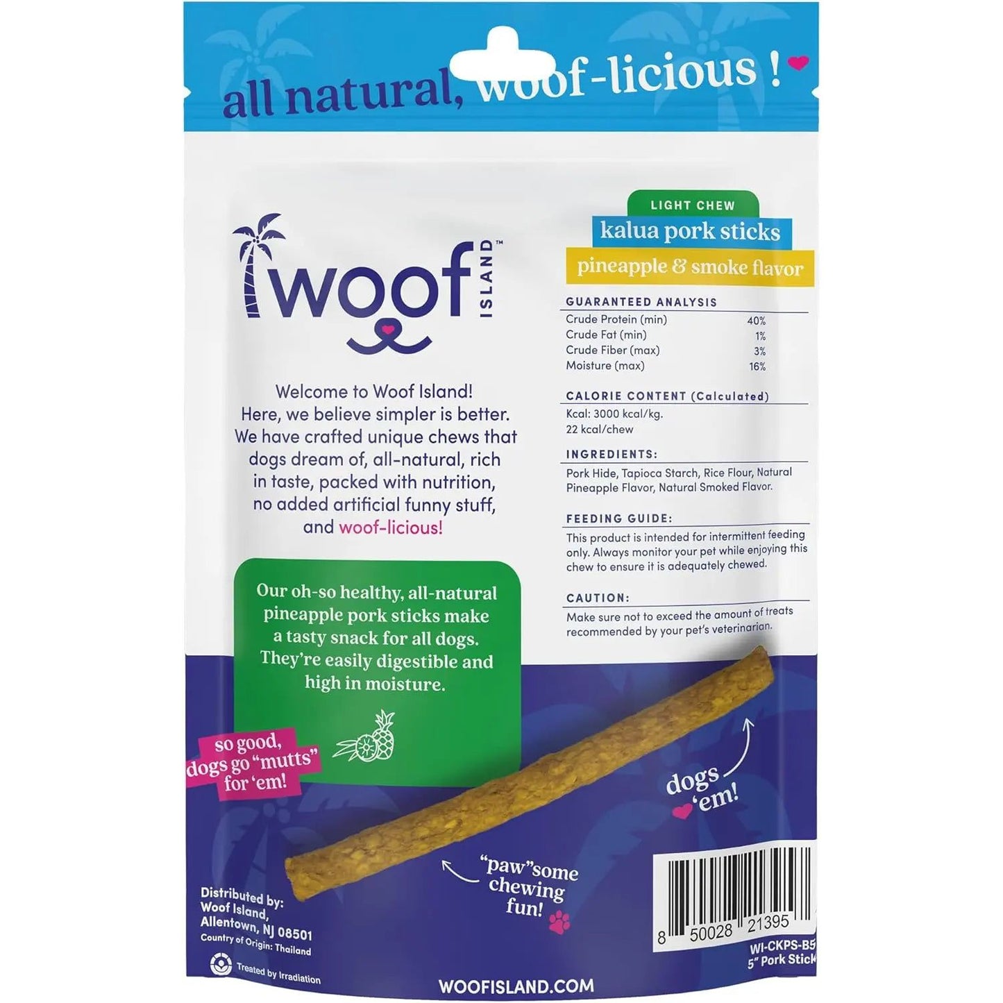 A vibrant package of Woof Island Smoked Kalua Pork Rolls Rawhide Free Dog Chews features nutrition facts, ingredients, and a cartoon dog silhouette, highlighting natural pork rolls with pineapple and smoke flavor.