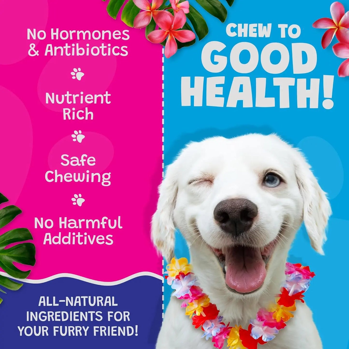 A happy white dog wearing a flower lei winks on a colorful background. Woof Island Smoked Kalua Pork Rolls Rawhide Free Dog Chews: No Hormones & Antibiotics, Nutrient Rich, Safe Chewing, All-natural, No Harmful Additives.