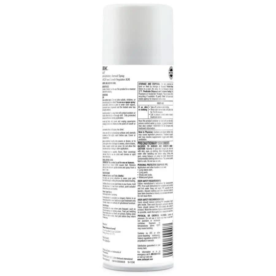 The back of a Zodiac® CPD Carpet and Upholstery Aerosol Spray 1ea/16 oz can is shown, featuring detailed black text with instructions, ingredients, warnings, and other information for flea and tick protection.