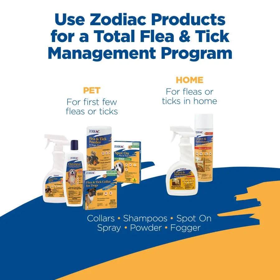 Image shows Zodiac® CPD flea and tick control for pets and homes, including the 16 oz Zodiac Carpet and Upholstery Aerosol Spray. Pet items include collars, shampoos, sprays, powder, spot-ons; home care has sprays and foggers for full protection.
