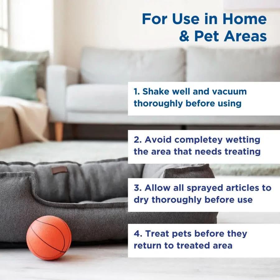 A living room with a sofa and dog bed, plus a small basketball. Text gives safe cleaning tips for pet areas using Zodiac® CPD Carpet and Upholstery Aerosol Spray 16 oz—shake, vacuum, spray, and let dry before pets return.