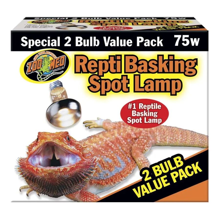 Zoo Med Laboratories Repti Basking Spot Lamp Replacement Bulb, 75W—special 2 bulb value pack with Double Reflector technology, the #1 reptile basking light for your pet. Features bearded dragon and light bulb images on box.