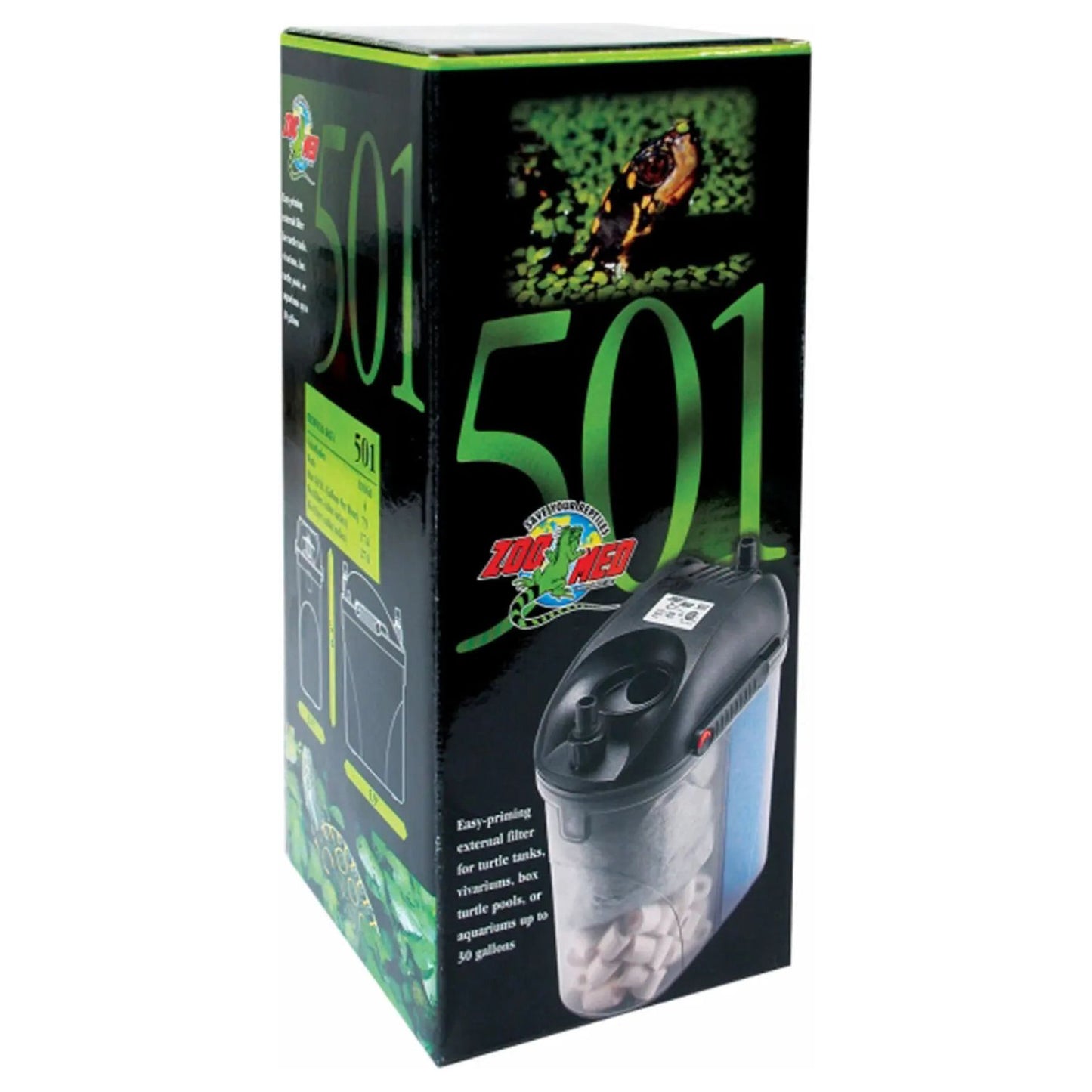 A black box labeled 501 displays the Zoo Med Laboratories Turtle Clean External Canister Filter for turtle tanks, ponds, or aquariums up to 30 gallons. The packaging shows product images, a turtle photo, and filtration details.
