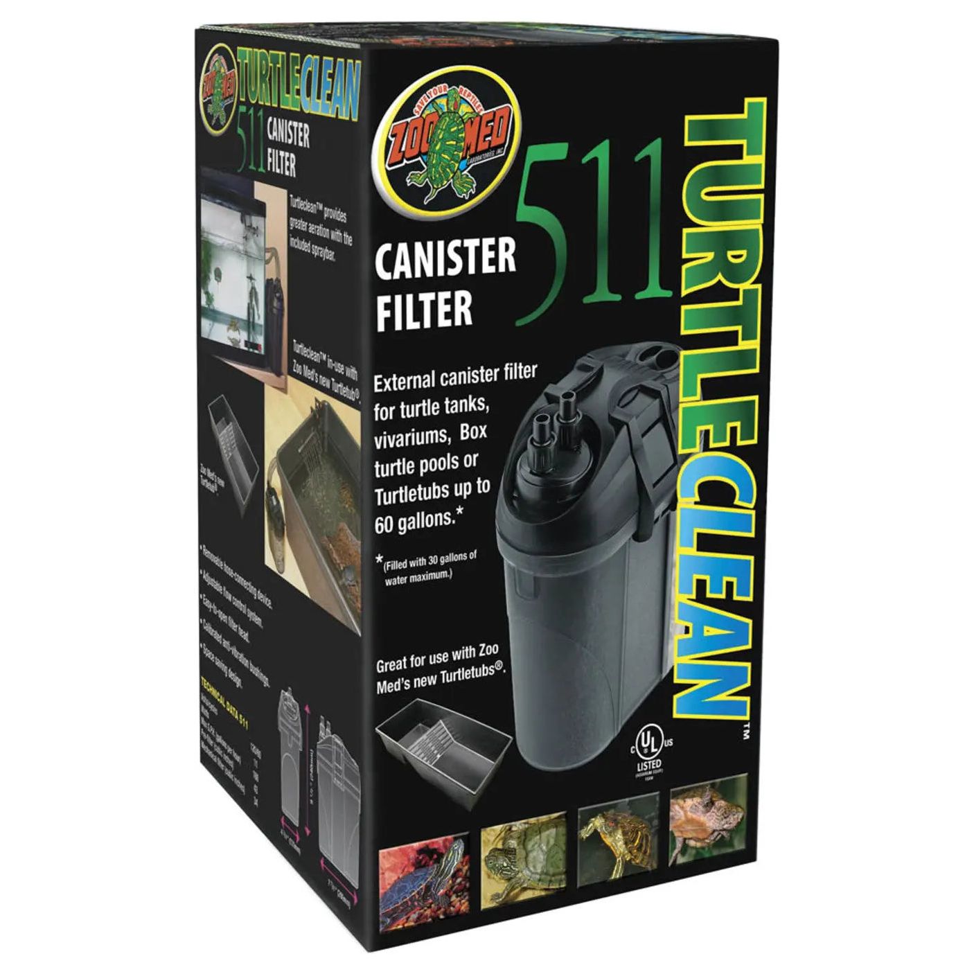 Box of Zoo Med Laboratories Turtle Clean External Canister Filter for tanks up to 60 gallons, featuring images of turtles, aquariums, and the filter, with product features and bold green and yellow Zoo Med branding on the packaging.