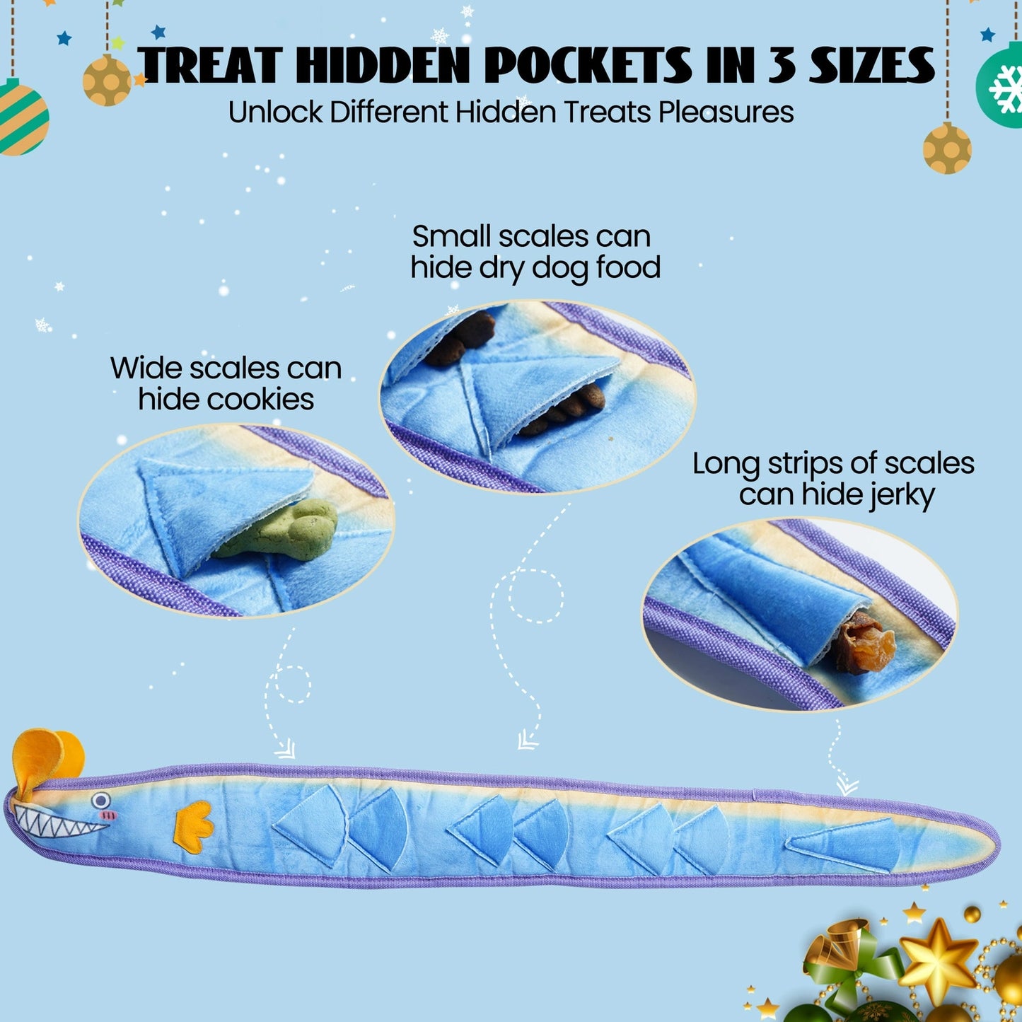 The Nocciola Interactive No-Stuffing Eel Toy by Nocciola is a blue, snake-shaped toy with three treat pockets for cookies, dry dog food, or jerky. Close-up images show pocket sizes to hide treats and mentally stimulate your dog.