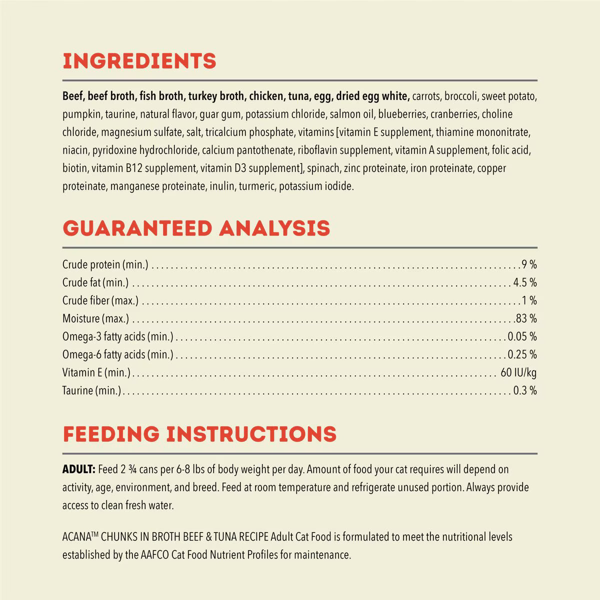 ACANA beef and tuna wet cat food featuring ingredients and guaranteed analysis for nutritional value