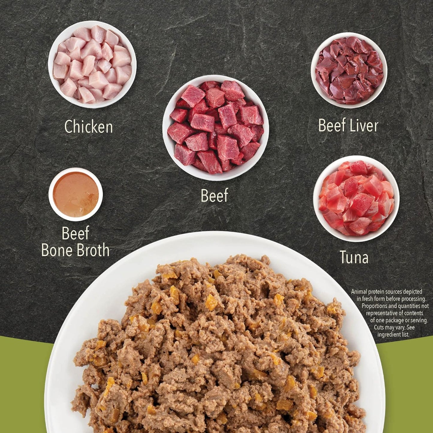 ACANA beef chicken tuna wet cat food featuring chunks of chicken, beef, and tuna in a textured meal