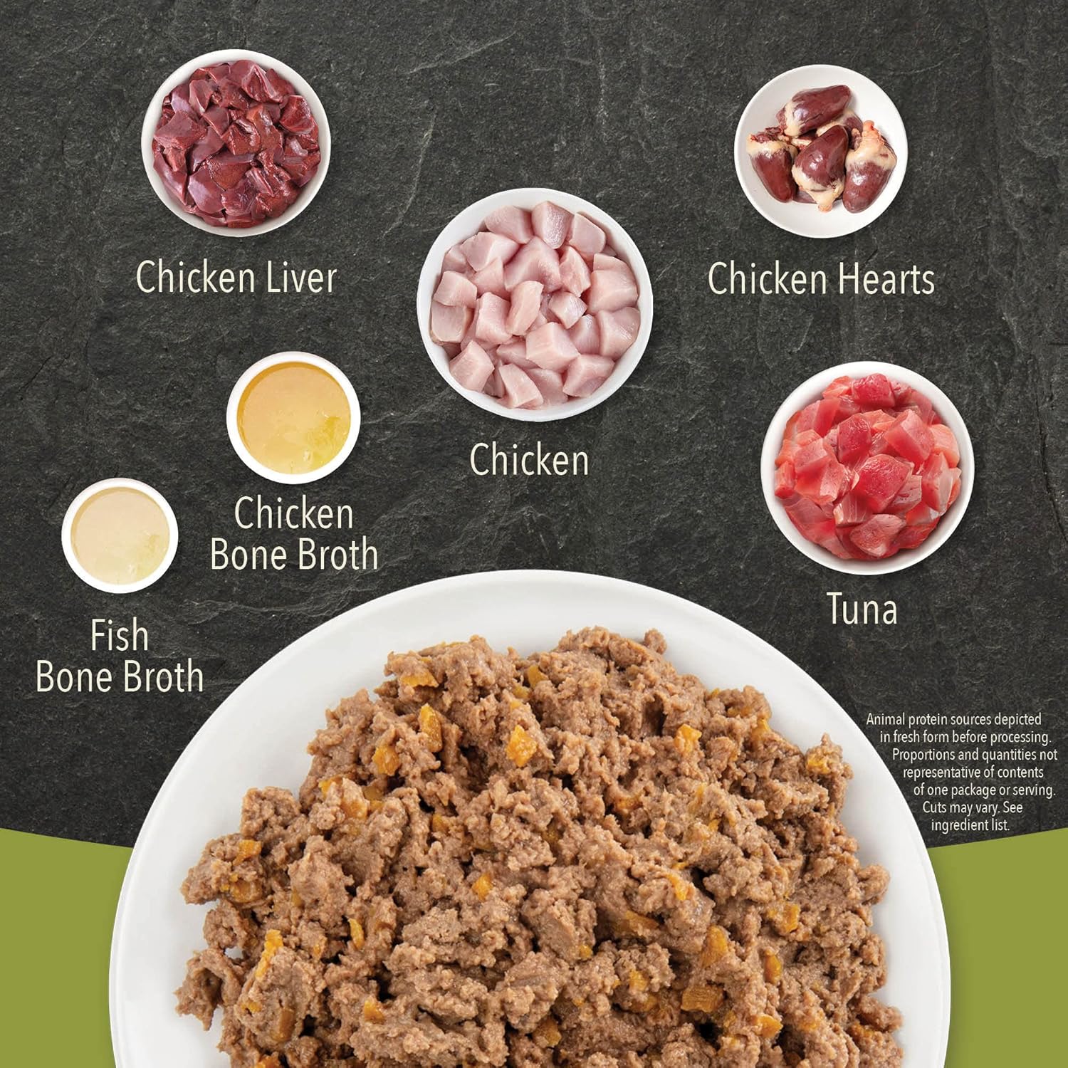 ACANA chicken and fish wet cat food featuring chicken liver, hearts, and tuna for a nutritious meal