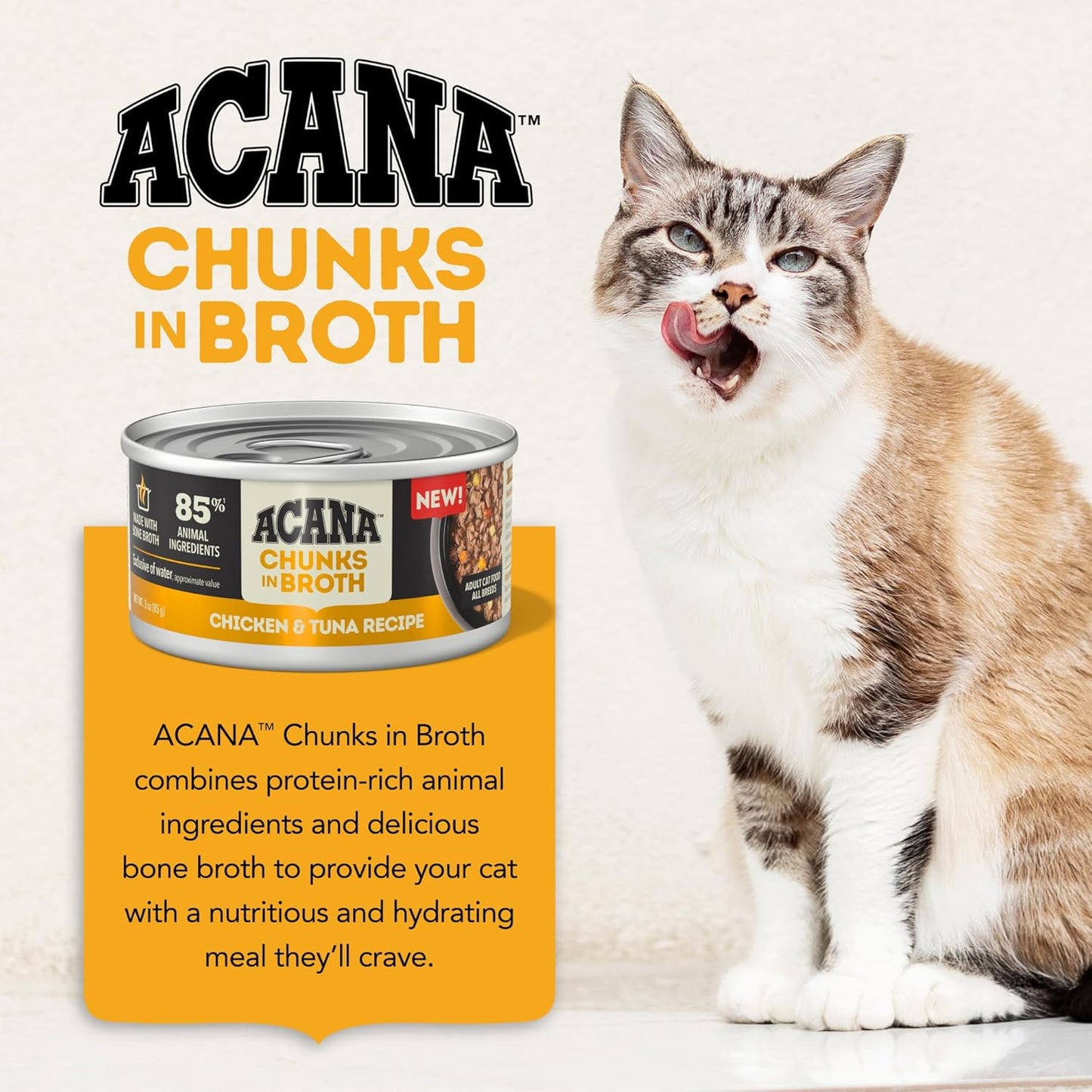 ACANA chicken and tuna wet cat food in a can with a playful cat enjoying the meal