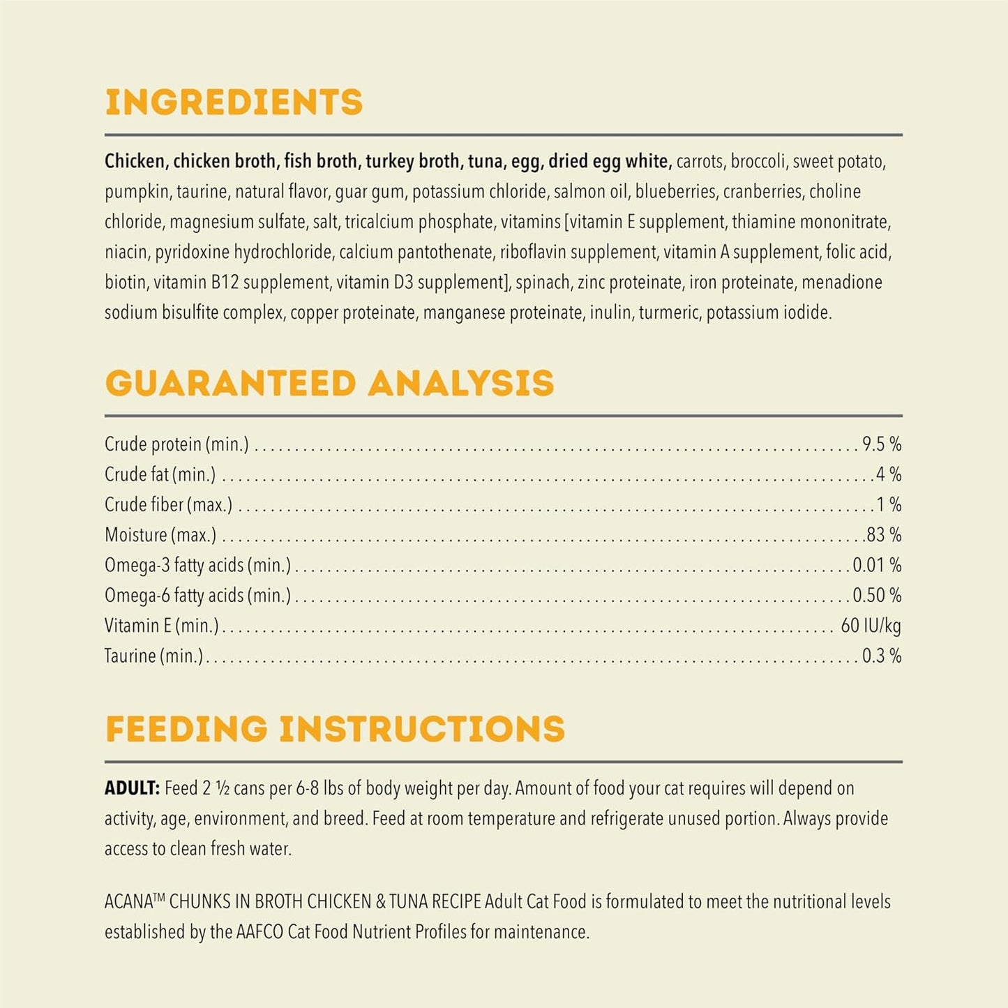 ACANA chicken and tuna wet cat food ingredients and nutritional analysis for healthy feline diet