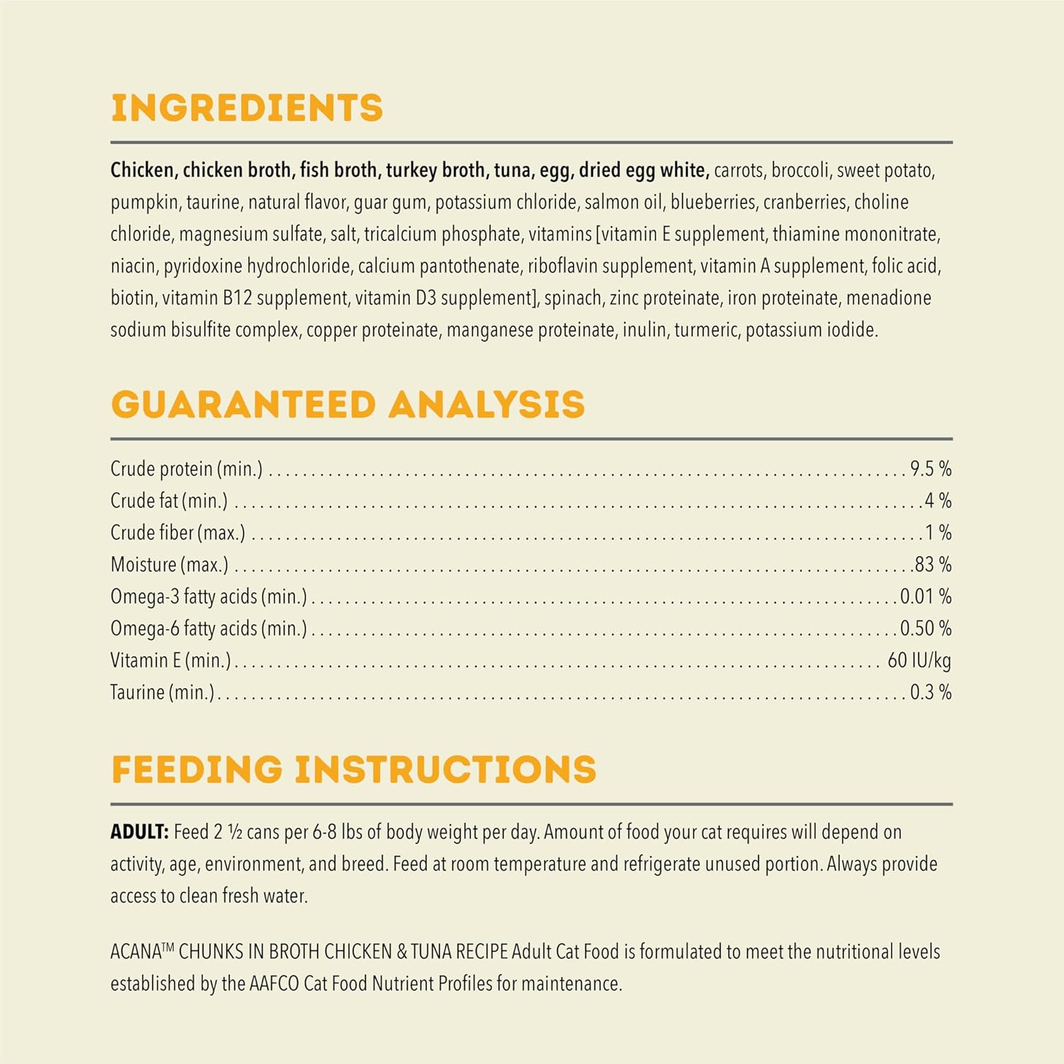ACANA chicken and tuna wet cat food ingredients and nutritional analysis for healthy feline diet