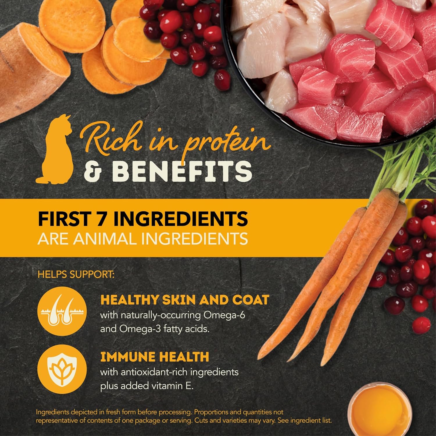 ACANA chicken and tuna wet cat food featuring protein-rich ingredients like chicken, tuna, berries, and carrots