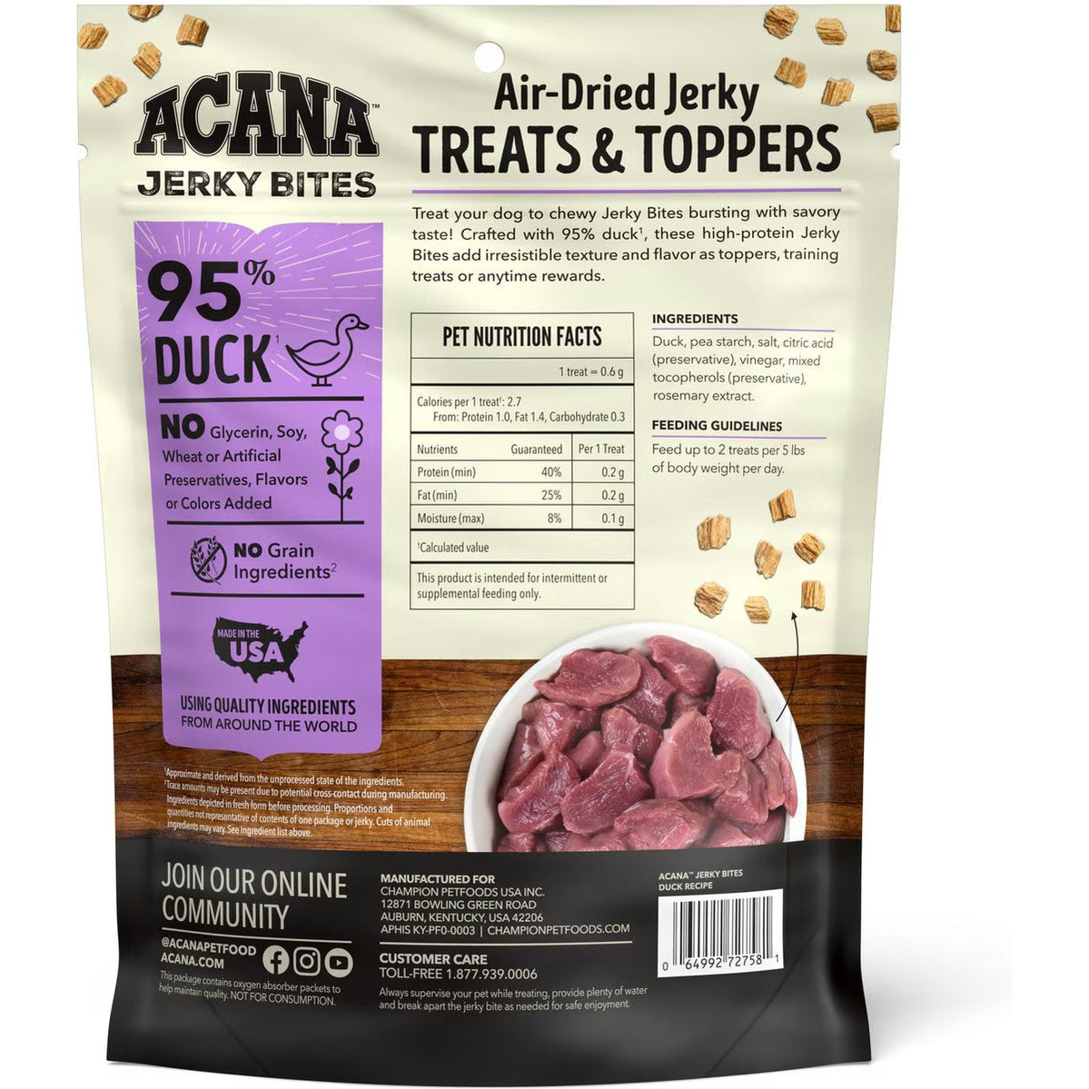 ACANA duck jerky dog treats with 95 percent duck, ideal for healthy snacking and training