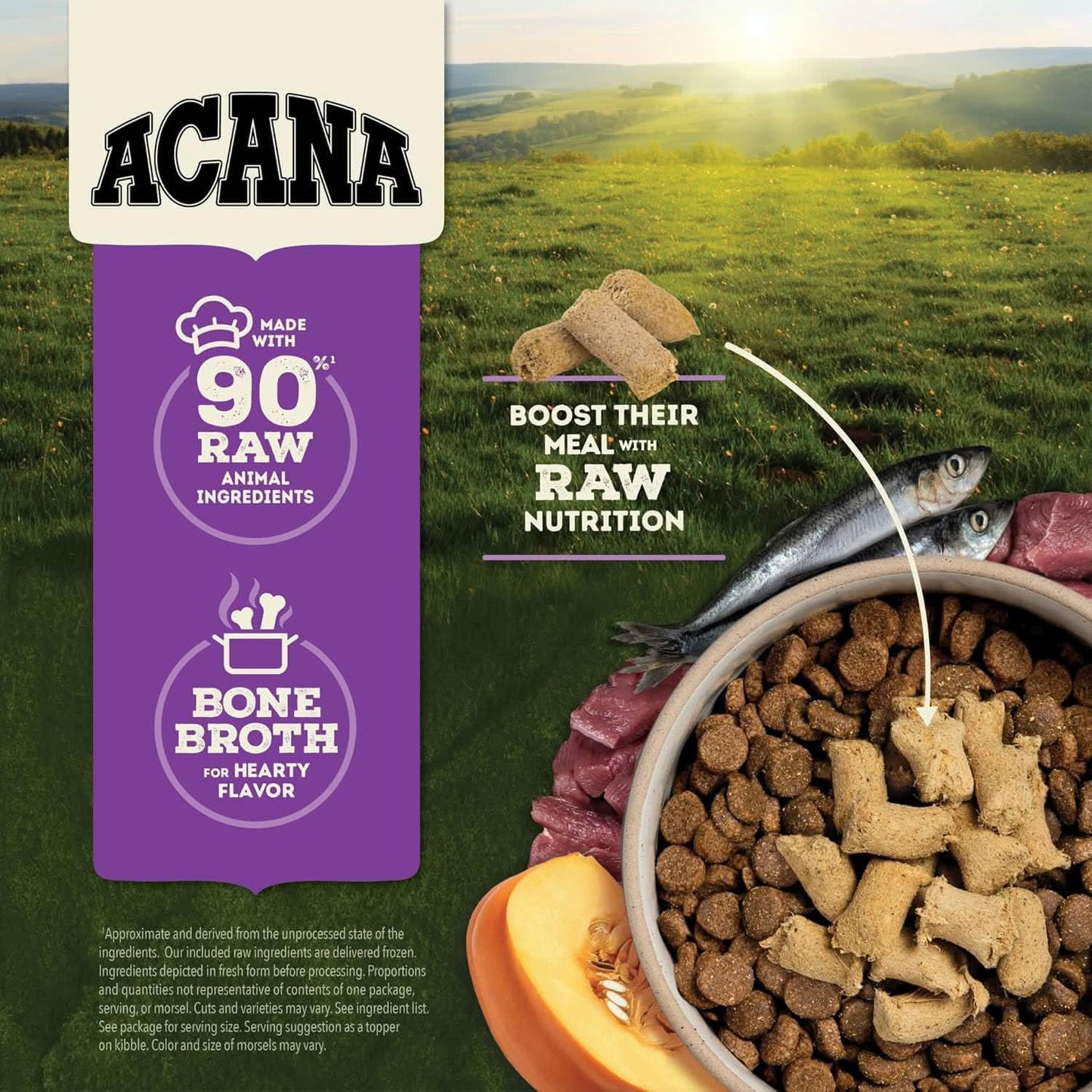 Acana Freeze-Dried Dog Food featuring 90% raw animal ingredients and added bone broth for hearty flavor