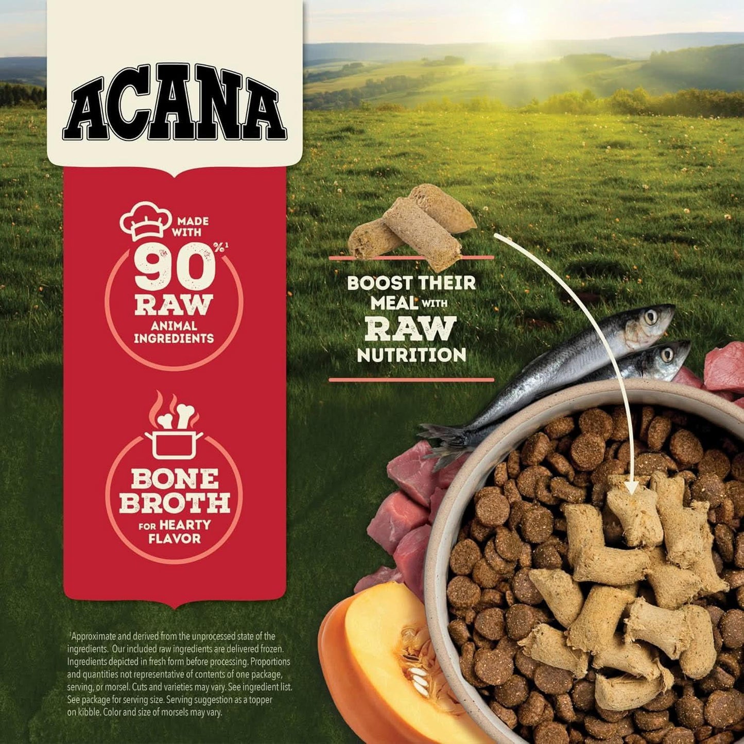 Acana Freeze-Dried Dog Food featuring raw ingredients and bone broth for enhanced nutrition