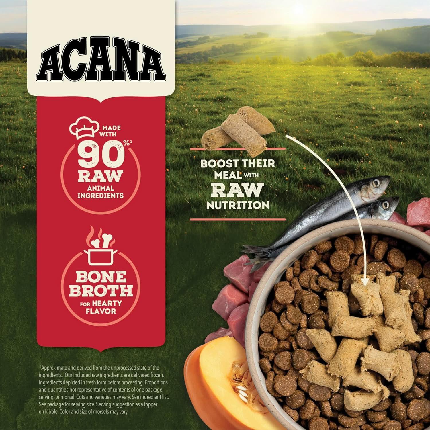 Acana Freeze-Dried Dog Food featuring raw ingredients and bone broth for enhanced nutrition