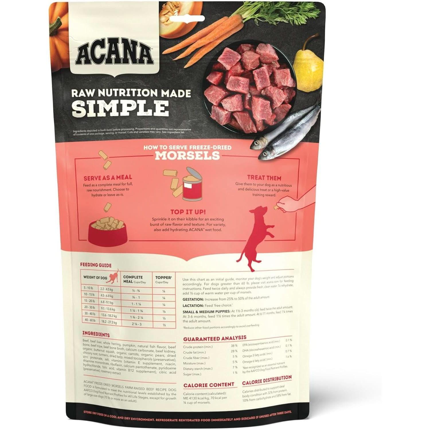 Acana Freeze-Dried Dog Food packaging with feeding guide and ingredient list for healthy dog nutrition