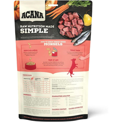 Acana Freeze-Dried Dog Food packaging with feeding guide and ingredient list for healthy dog nutrition