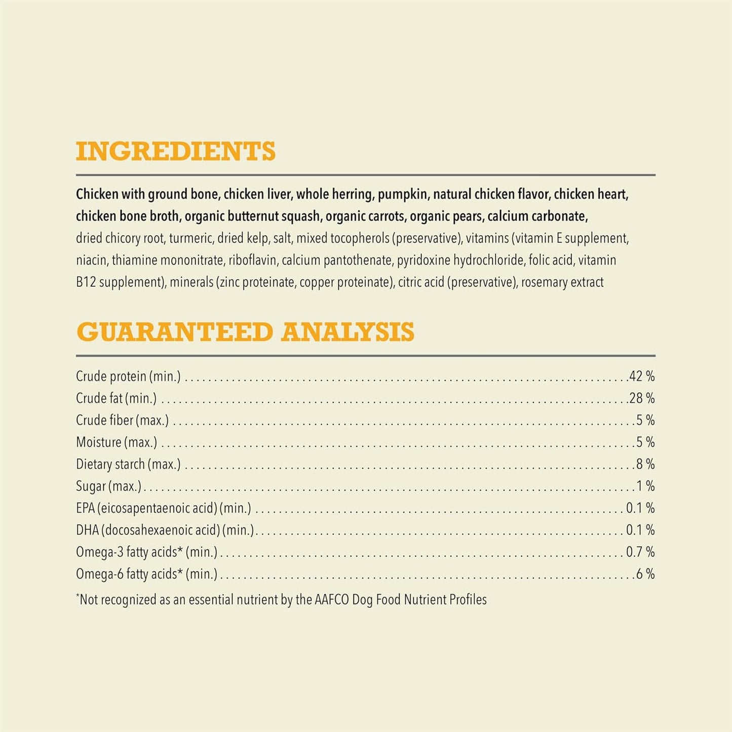 Acana Freeze-Dried Dog Food ingredients list highlighting chicken and natural flavors