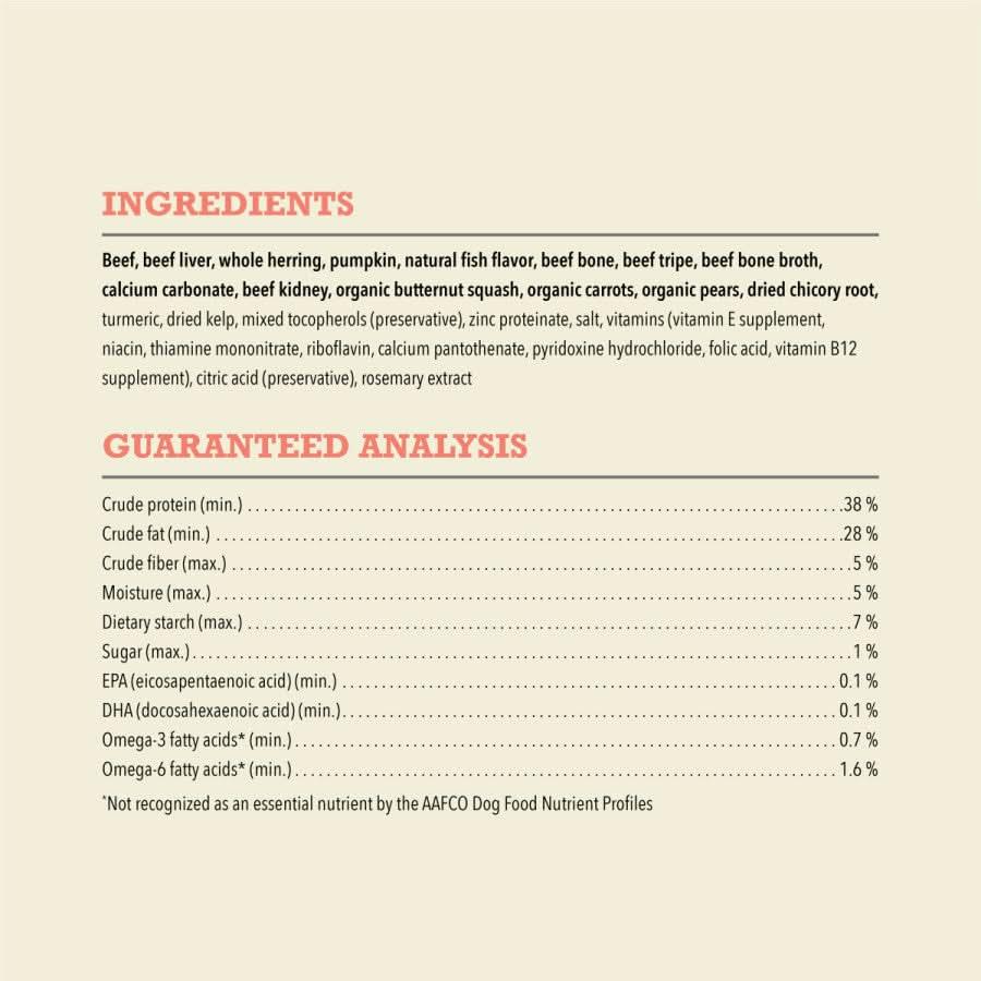 Acana Freeze-Dried Dog Food ingredients list showing beef and nutrient analysis for pet owners