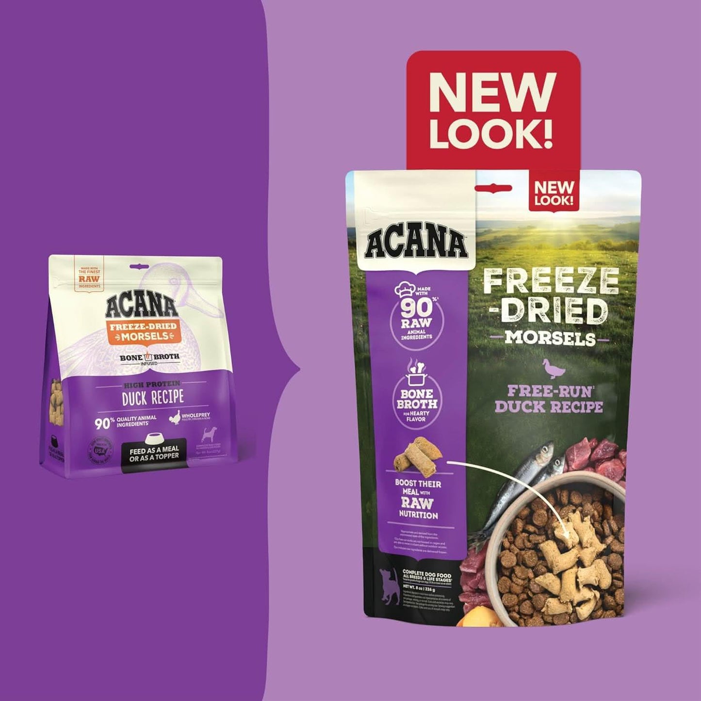 Acana Freeze-Dried Dog Food Duck Recipe in new packaging for enhanced raw nutrition