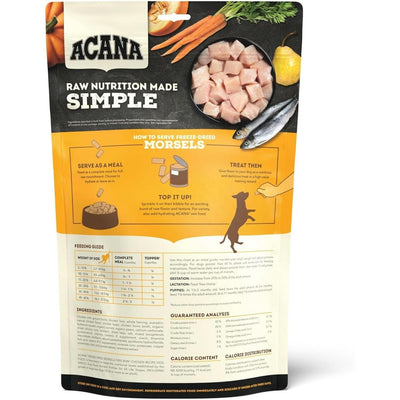 Acana Freeze-Dried Dog Food in a resealable bag with raw morsels and fresh ingredients for dogs