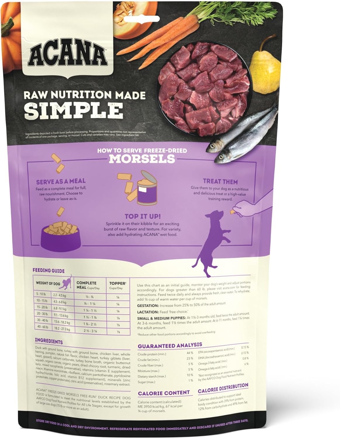 Acana Freeze-Dried Dog Food package featuring raw nutrition ingredients and feeding guide