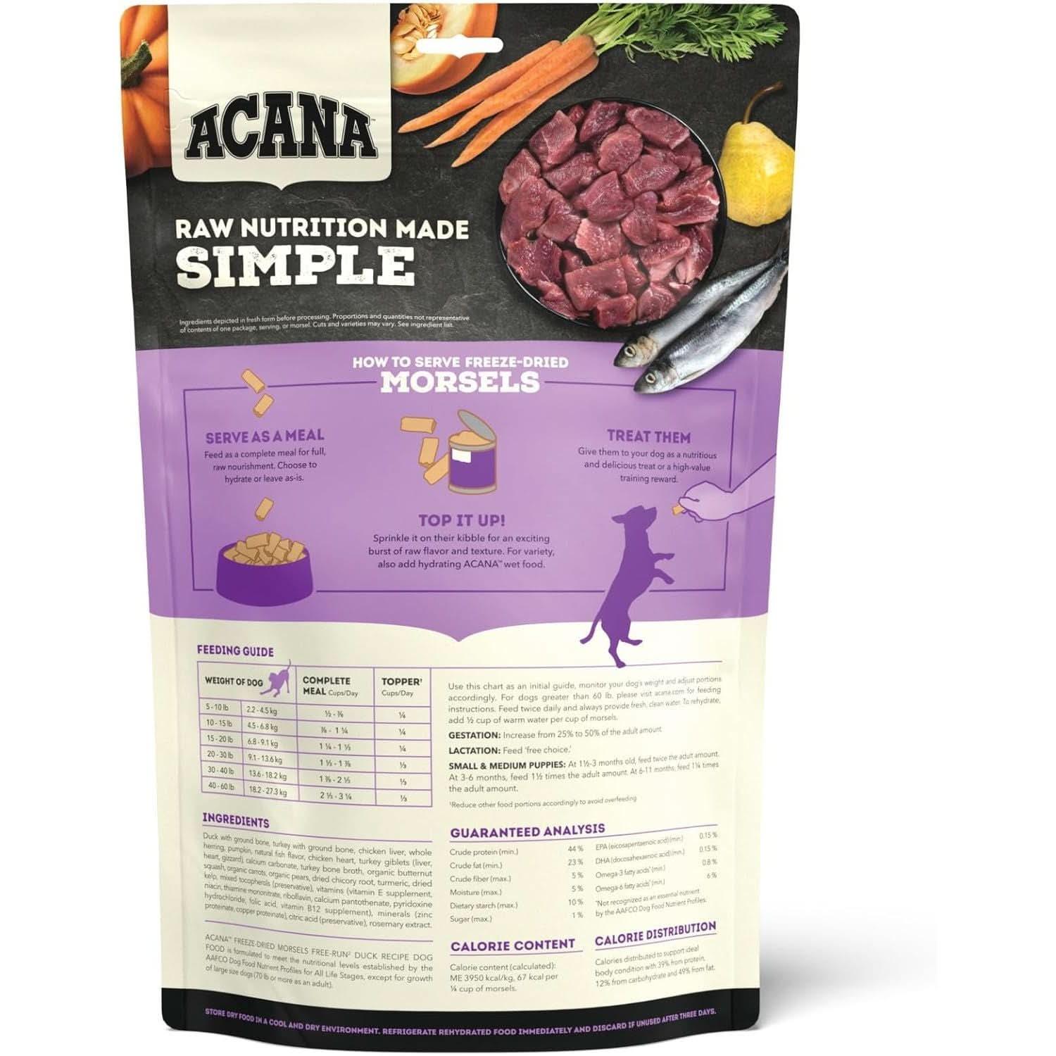 Acana Freeze-Dried Dog Food package featuring raw nutrition ingredients and feeding guide