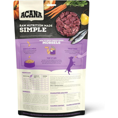 Acana Freeze-Dried Dog Food package featuring raw nutrition ingredients and feeding guide