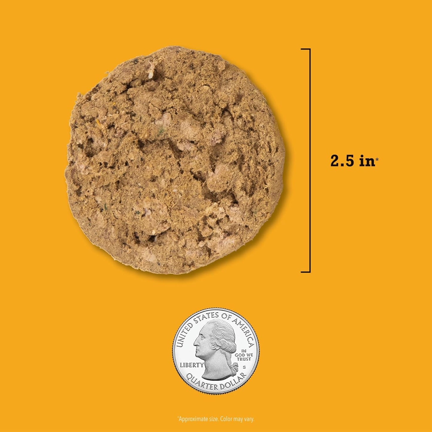 Acana freeze-dried dog food topper in a round shape, measuring 2.5 inches in diameter for enhanced pet meals