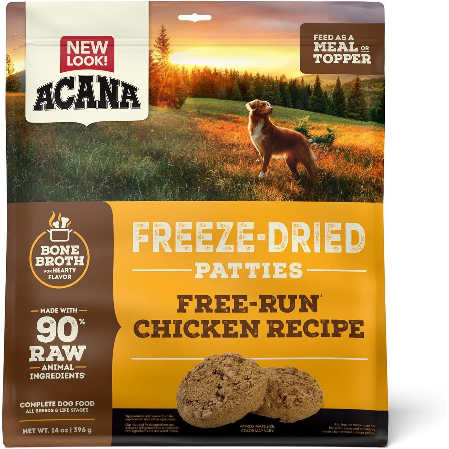Acana freeze-dried dog food topper with chicken recipe in a nature setting with a dog