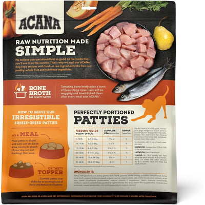 Acana freeze-dried dog food topper in a bag featuring raw patties and natural ingredients