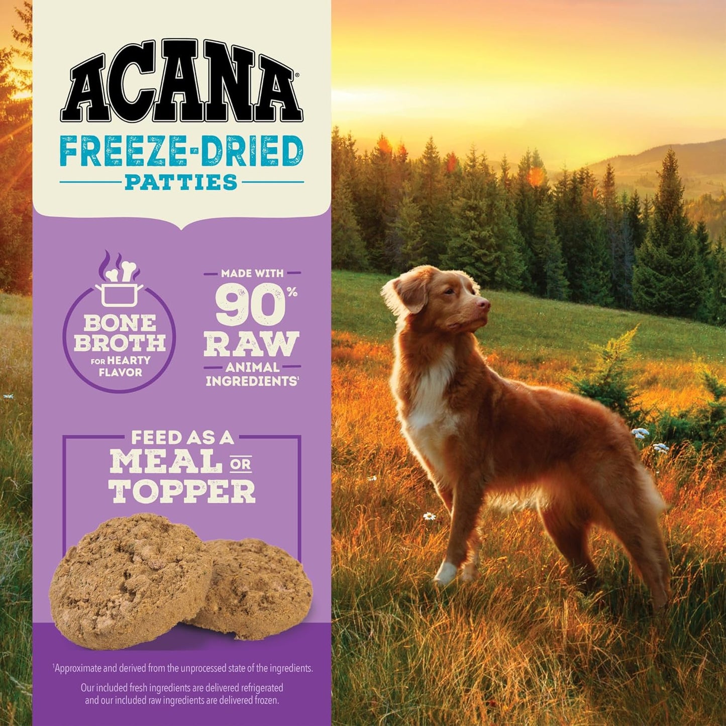 Acana freeze-dried dog food topper patties made with 90 percent raw animal ingredients and bone broth flavor