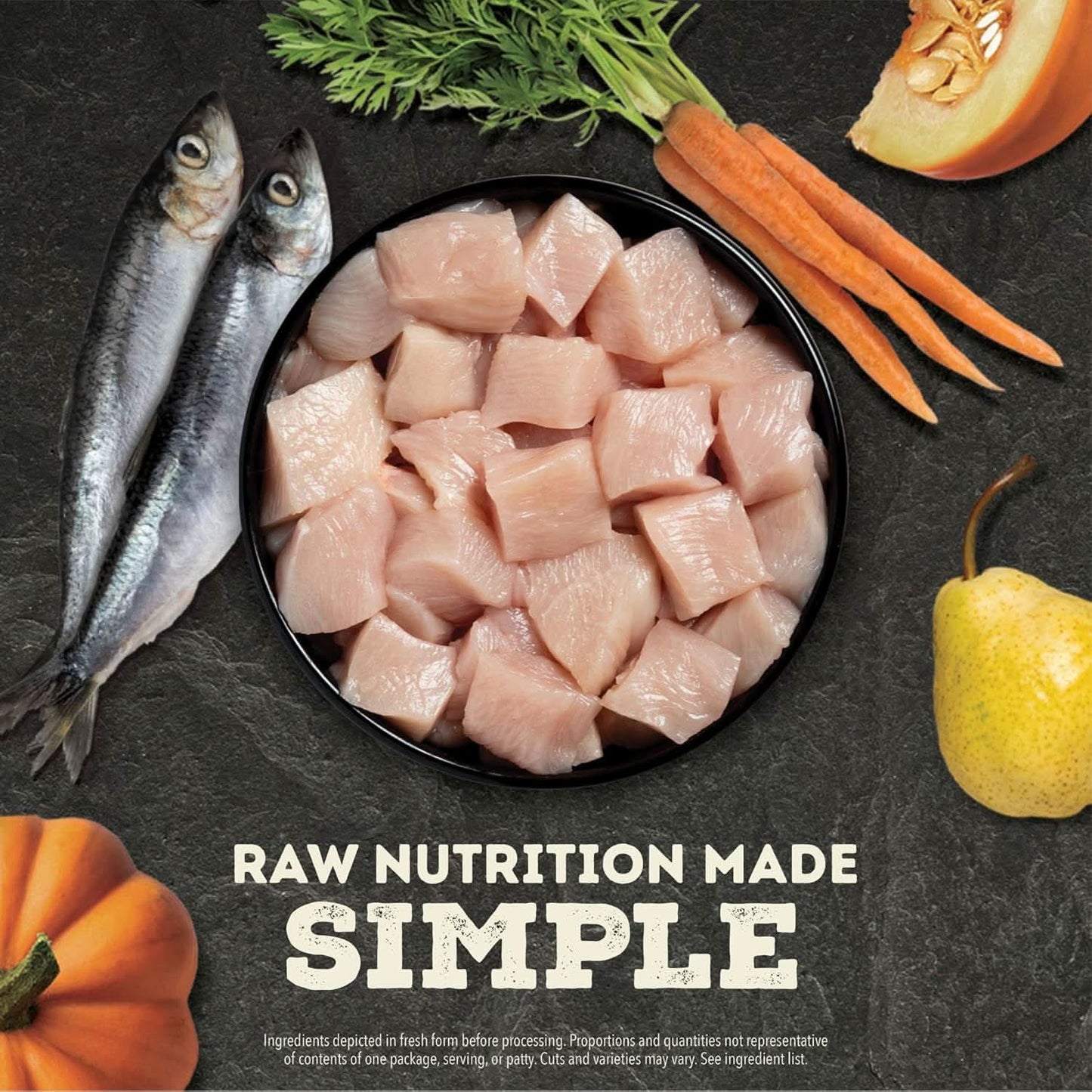 Acana freeze-dried dog food topper with fresh fish, chicken, and vegetables for healthy pet meals