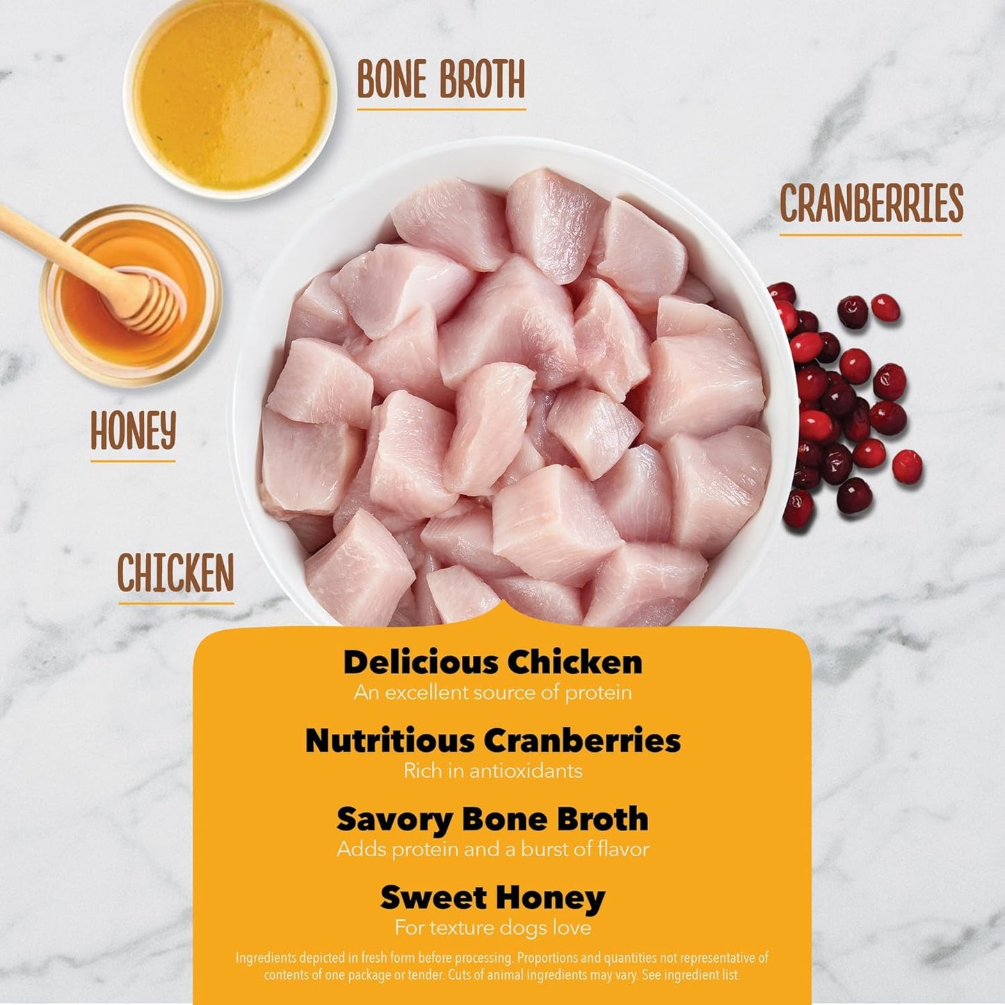 Acana immune support dog treats featuring chicken, cranberries, bone broth, and honey for healthy pups