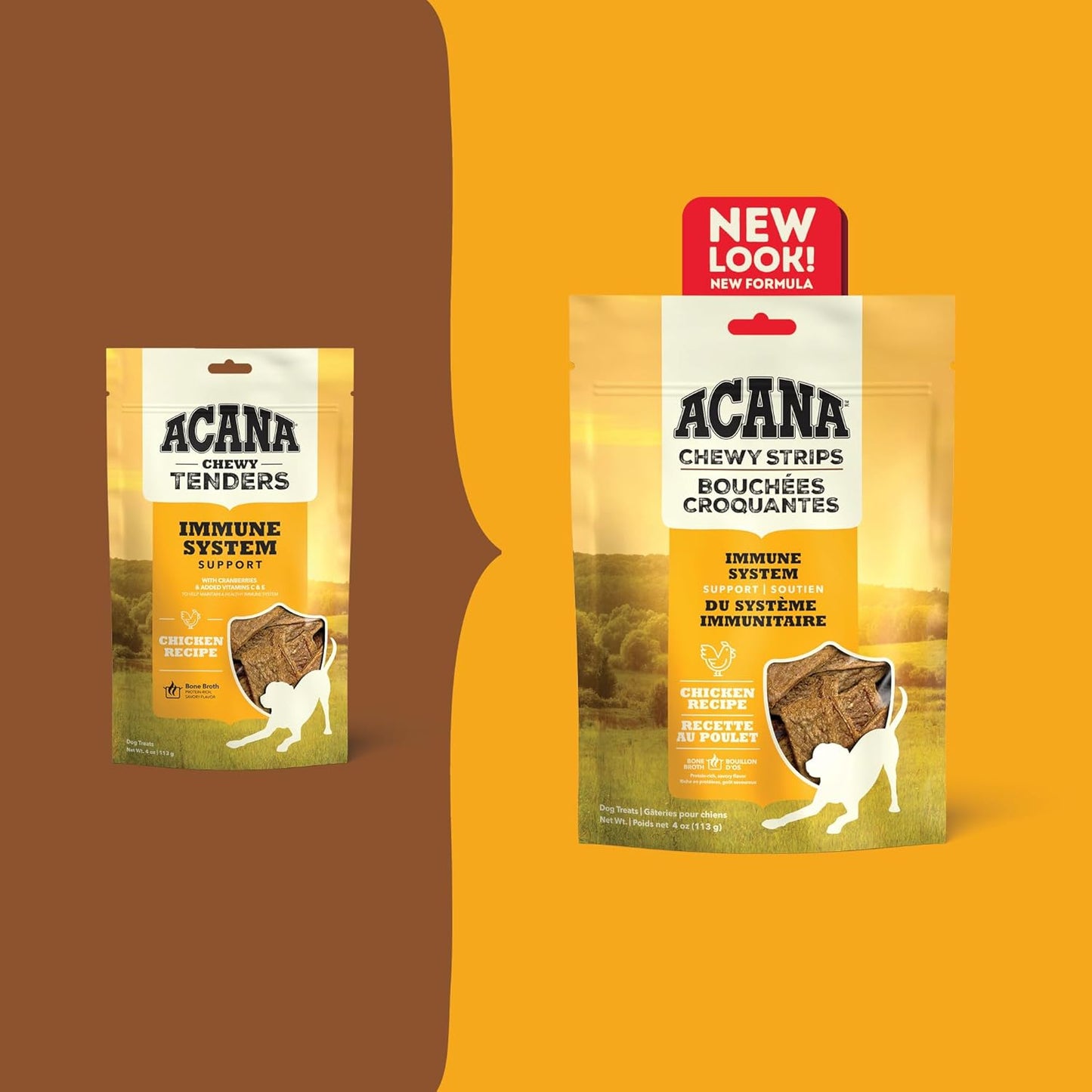 Acana immune support dog treats featuring new packaging design for improved pet health