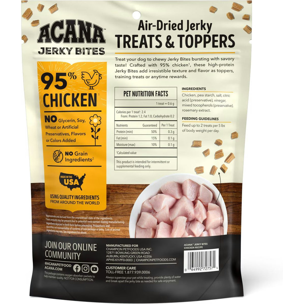 ACANA jerky bites poultry dog treats with 95 percent chicken, air-dried for rich flavor and nutrition