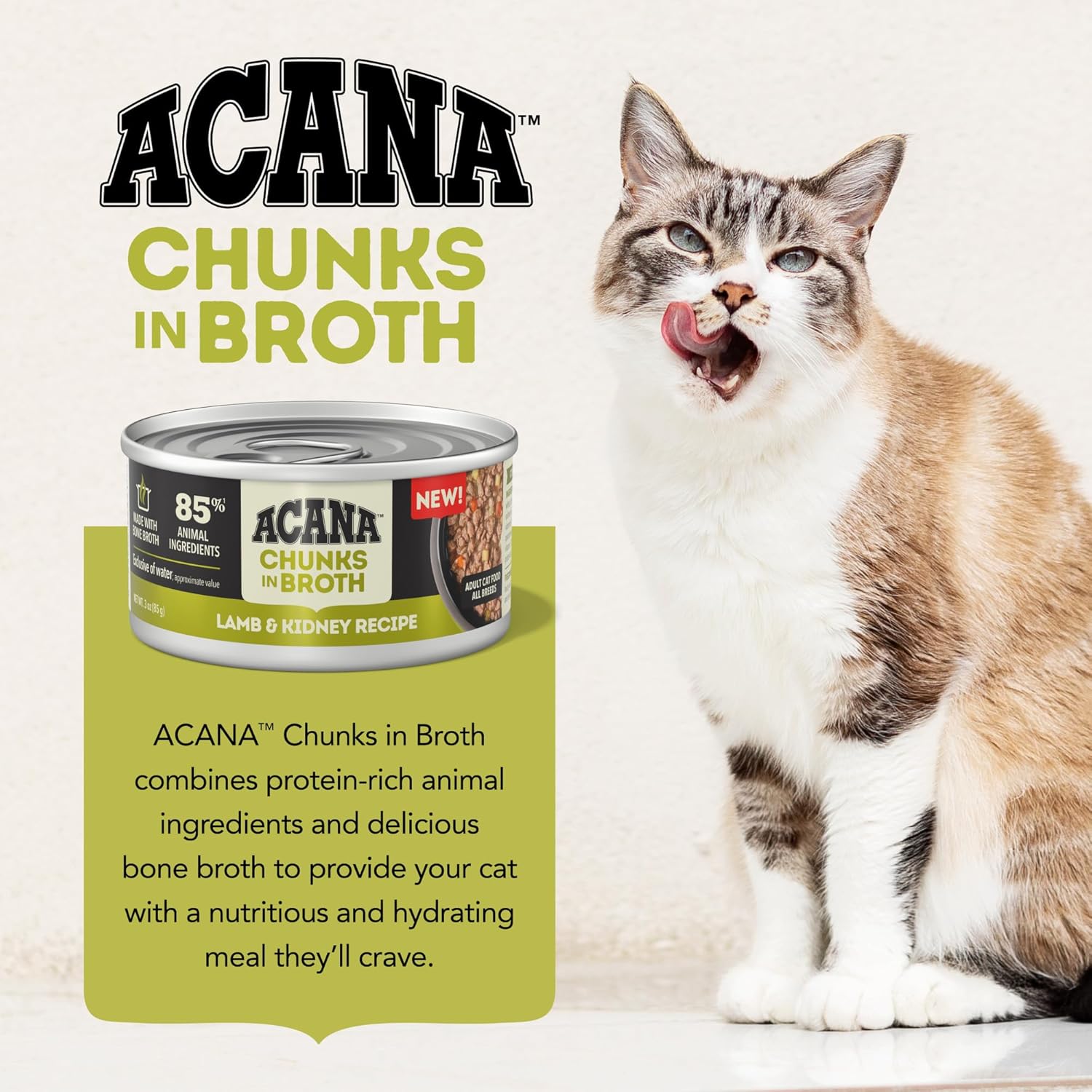 ACANA lamb and kidney wet cat food in a can with a happy cat, providing a nutritious meal option