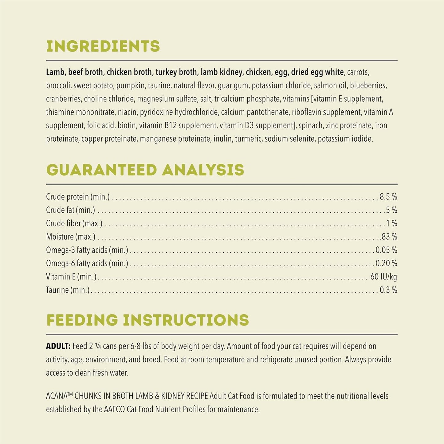 ACANA lamb and kidney wet cat food ingredients and feeding instructions for adult cats