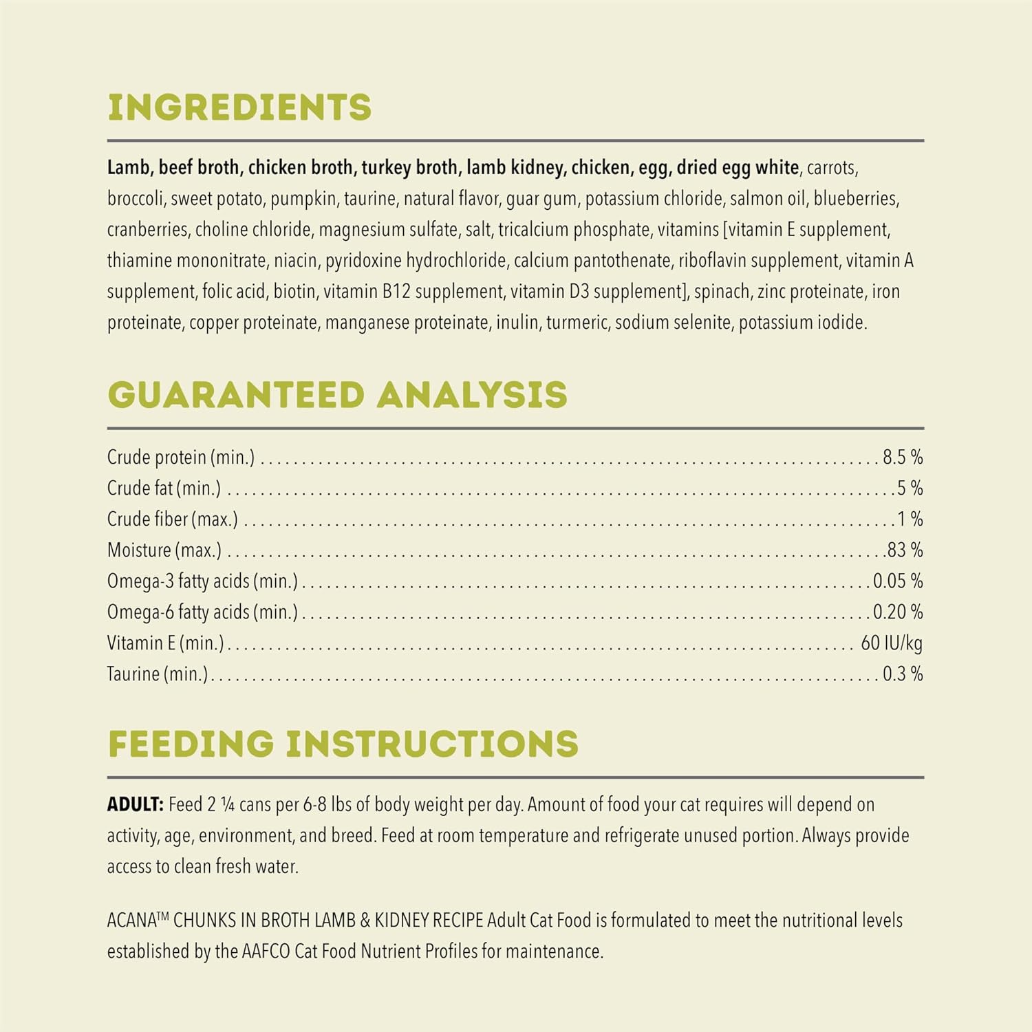 ACANA lamb and kidney wet cat food ingredients and feeding instructions for adult cats