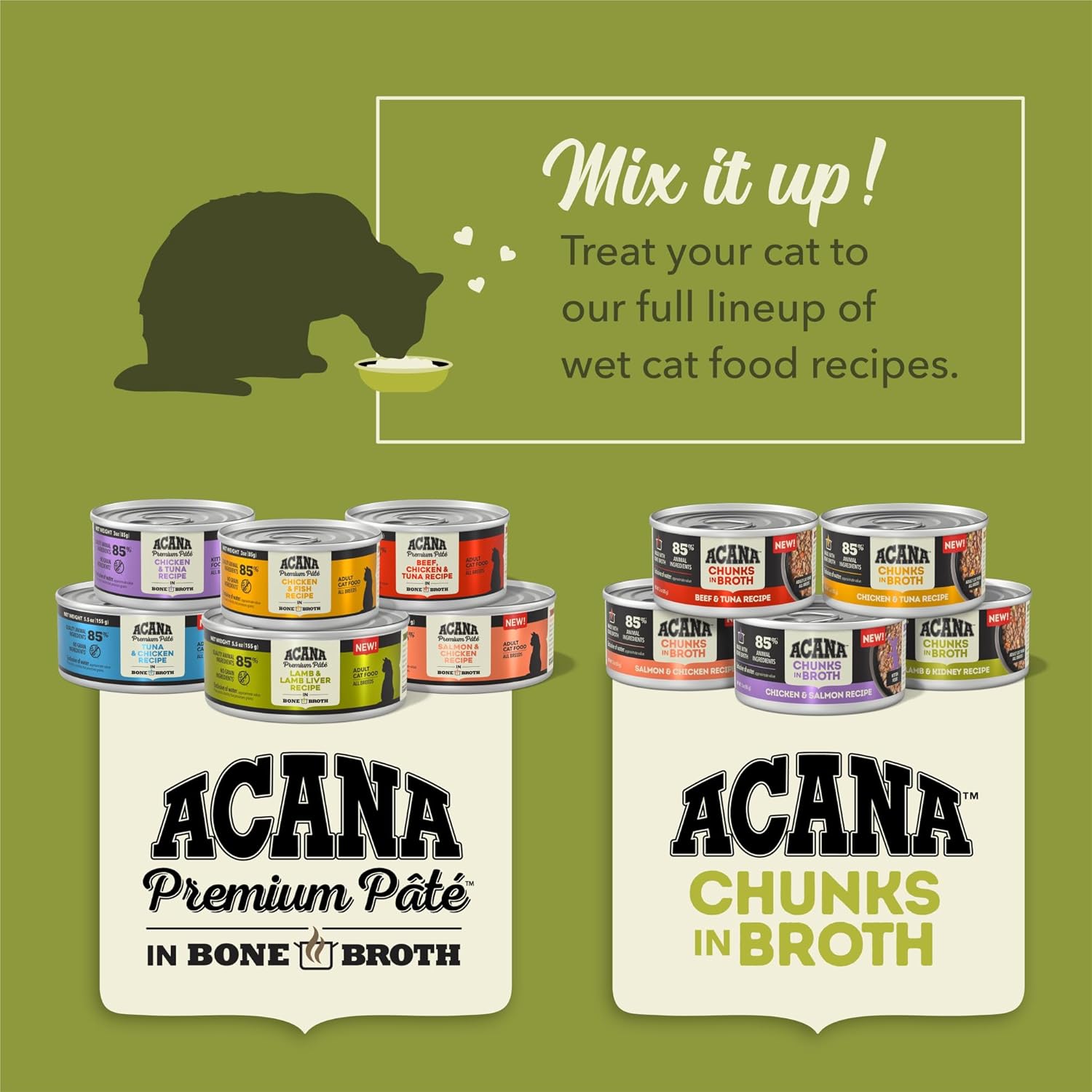 ACANA lamb and kidney wet cat food variety with colorful cans and a cat enjoying a meal
