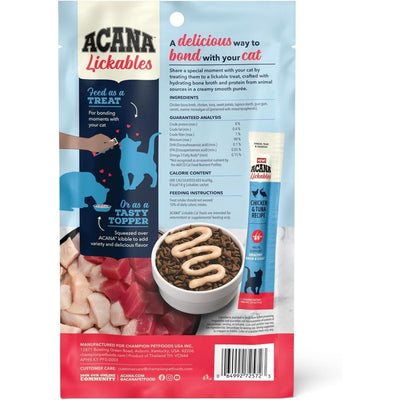 Acana Lickables Chicken and Tuna Recipe lickable healthy skin and coat cat treats in a pouch