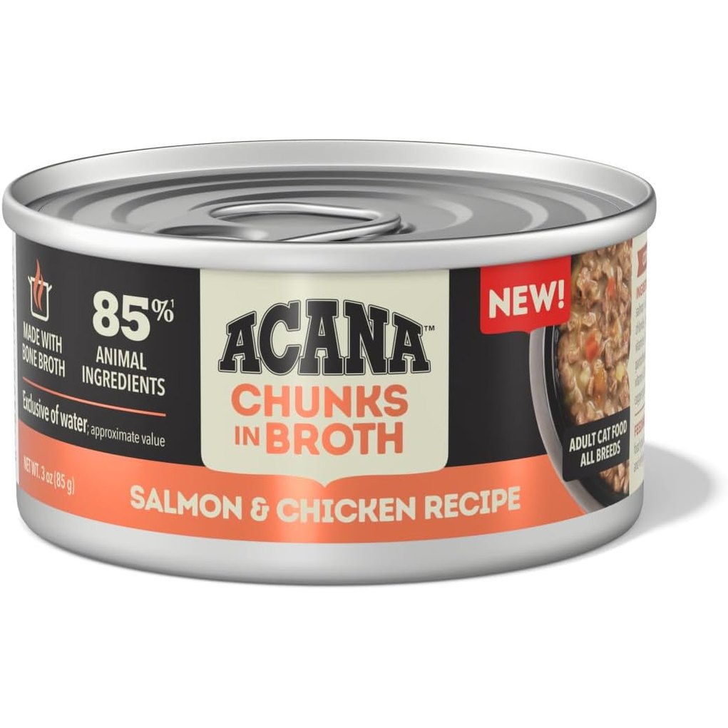 ACANA salmon and chicken wet cat food in broth, featuring 85 percent animal ingredients for adult cats