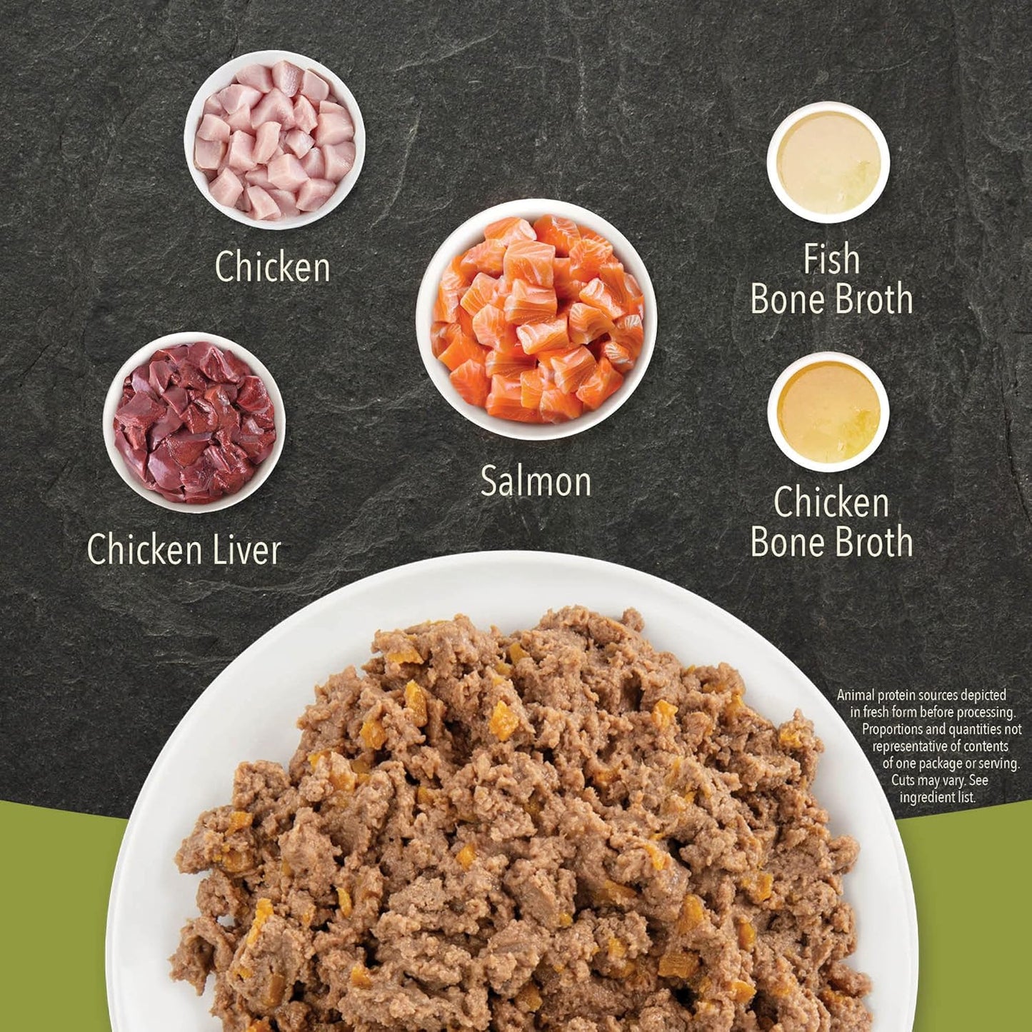 ACANA salmon and chicken wet cat food features proteins like chicken, salmon, and chicken liver in a savory broth.
